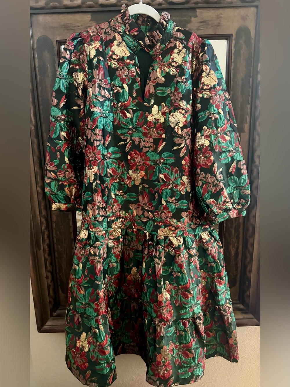 Brocade Floral Tiered Midi Dress, Holiday, Christmas, XL